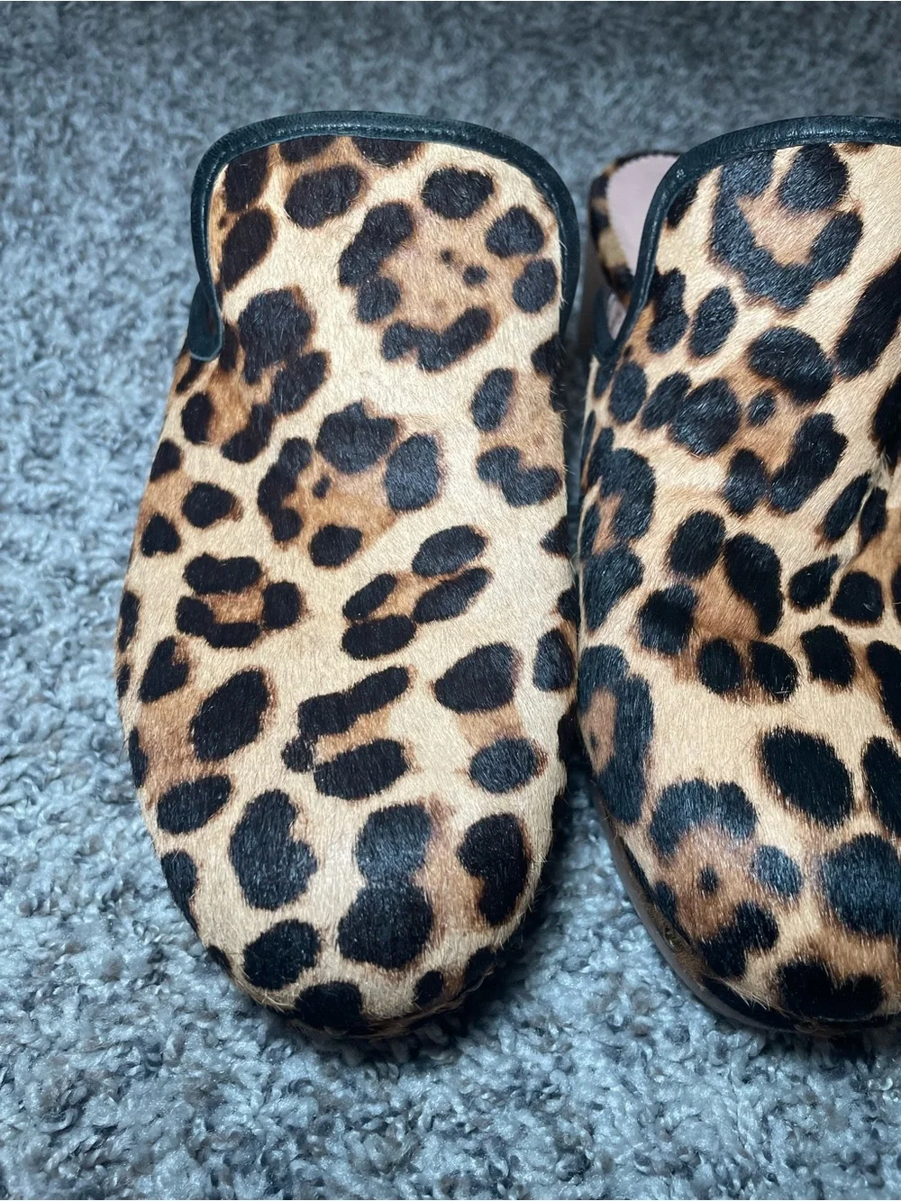 J Crew Leopard Print Calf Hair Wood Clog Leather Slip On Studded Mules Sz 8.5